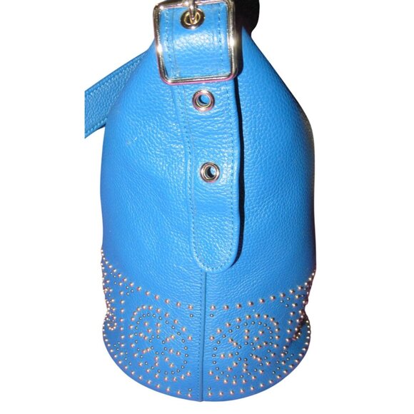 Coach Bleeker Cobalt Blue Pebbled Leather Studded Duffle Crossbody Bucket Bag - Picture 4 of 11